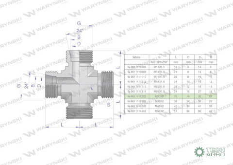 Czwórnik hydrauliczny metryczny BBBB M30x2 22L Waryński