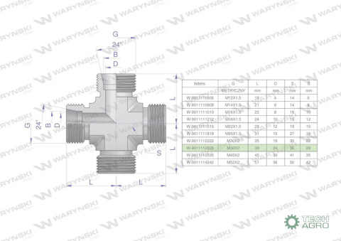 Czwórnik hydrauliczny metryczny BBBB M36x2 28L Waryński