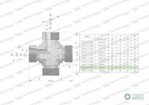 Czwórnik hydrauliczny metryczny BBBB M45x2 35L Waryński Czwórnik hydrauliczny metryczny BBBB M45x2 35L Waryński