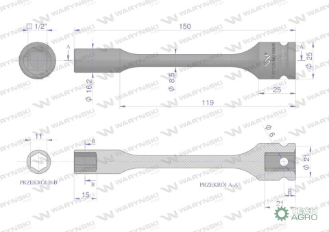 Nasadka udarowa 1/2", sześciokątna slim ze stali CrMo 11mm długość 150 mm, stosowane w mechanice do kluczy udarowych, Waryński Nasadka udarowa 1/2", sześciokątna slim ze stali CrMo 11mm długość 150 mm, stosowane w mechanice do kluczy udarowych, Waryński