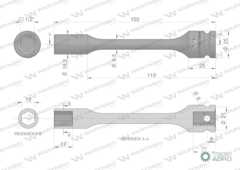 Nasadka udarowa 1/2", sześciokątna slim ze stali CrMo 12mm długość 150 mm, stosowane w mechanice do kluczy udarowych, Waryński Nasadka udarowa 1/2", sześciokątna slim ze stali CrMo 12mm długość 150 mm, stosowane w mechanice do kluczy udarowych, Waryński