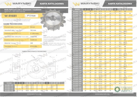 Koło łańcuchowe, hartowane 16B1 (R1 1)Z-22 otwór 40mm, Waryński