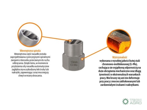 Nasadka do odkręcania uszkodzonych śrubi nakrętek, (13mm) - kute/ stal Cr-Mo, Teger Nasadka do odkręcania uszkodzonych śrubi nakrętek, (13mm) - kute/ stal Cr-Mo, Teger