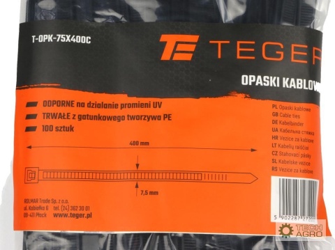 Opaski kablowe, opaski zaciskowe,tyrytytki, trytytki, 7.5 x 400mm 100 szt w worku czarne odporne na UV, Teger