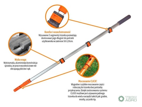 Trzonek aluminiowy - teleskopowy, 120cm (mocowanie CLICK), Teger
