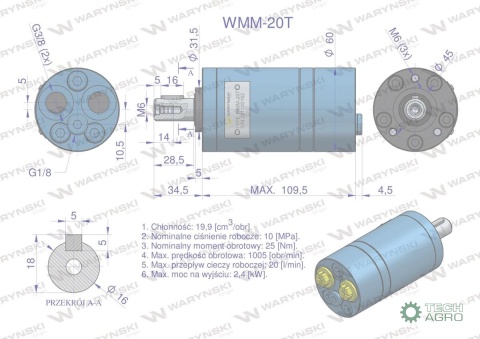 Silnik hydrauliczny orbitalny WMM 20cm3/obr (100 bar / max.140 bar) przyłącza tylne Waryński
