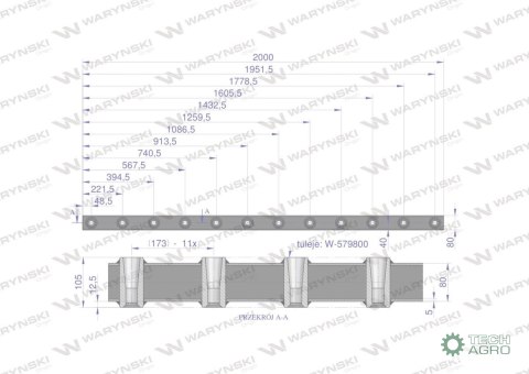 Belka do wideł ładowacza 2000mm na zęby proste i krokodyl 12 tulejek Waryński Belka do wideł ładowacza 2000mm na zęby proste i krokodyl 12 tulejek Waryński