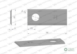 Nóż. nożyk kosiarka 98X40X3mm otwór 19 zastosowanie 58029045 BCS WARYŃSKI ( sprzedawane po 25 )