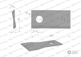 Nóż. nożyk kosiarka lewy 105x48x4mm otwór 19 zastosowanie 9492421 Claas WARYŃSKI ( sprzedawane po 25 )