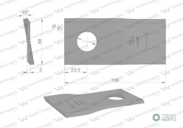 Nóż. nożyk kosiarka lewy 106x48x3mm otwór 21 zastosowanie 1042660 Claas WARYŃSKI ( sprzedawane po 25 )