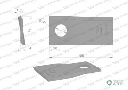 Nóż. nożyk kosiarka lewy 108x48x4mm otwór 21 zastosowanie 434971 Pottinger WARYŃSKI ( sprzedawane po 25 )