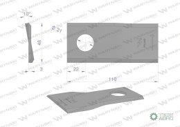 Nóż. nożyk kosiarka lewy 110x48x3mm otwór 21 zastosowanie 108L Galfre WARYŃSKI ( sprzedawane po 25 )