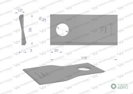 Nóż. nożyk kosiarka lewy 110x50x3mm otwór 21 zastosowanie 4047016 Galfre WARYŃSKI ( sprzedawane po 25 )