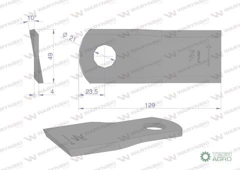 Nóż. nożyk kosiarka lewy 129.5x48x4mm otwór 21.2 zastosowanie 129MEL Marangon WARYŃSKI ( sprzedawane po 25 ) Nóż. nożyk kosiarka lewy 129.5x48x4mm otwór 21.2 zastosowanie 129MEL Marangon WARYŃSKI ( sprzedawane po 25 )