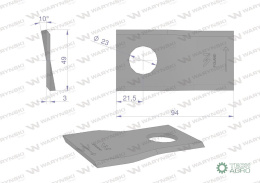 Nóż. nożyk kosiarka lewy 94x48x3mm otwór 19 zastosowanie 570409 Niemeyer Kverneland WARYŃSKI ( sprzedawane po 25 )