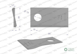 Nóż. nożyk kosiarka lewy 94x48x4mm otwór 19 zastosowanie TF-71 Kverneland Taarup WARYŃSKI ( sprzedawane po 25 )