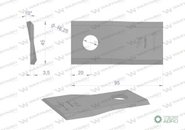 Nóż. nożyk kosiarka lewy 95x45x3.5mm otwór 16.25 zastosowanie CC20500 New Holland WARYŃSKI ( sprzedawane po 25 )