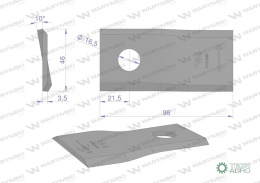 Nóż. nożyk kosiarka lewy 98X46X3.5mm otwór 16.5 zastosowanie 40490006 Morra WARYŃSKI ( sprzedawane po 25 )