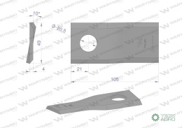 Nóż. nożyk kosiarka prawy 105x48x4mm otwór 20 zastosowanie 6801420 Kuhn WARYŃSKI ( sprzedawane po 25 )