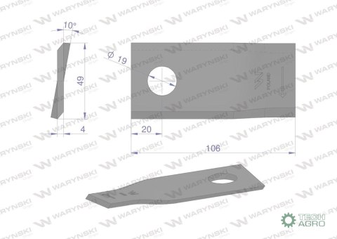 Nóż. nożyk kosiarka prawy 106x48x4mm otwór 19 zastosowanie 122330 Fella WARYŃSKI ( sprzedawane po 25 ) Nóż. nożyk kosiarka prawy 106x48x4mm otwór 19 zastosowanie 122330 Fella WARYŃSKI ( sprzedawane po 25 )