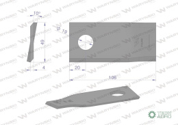 Nóż. nożyk kosiarka prawy 106x48x4mm otwór 19 zastosowanie 570444 Niemeyer WARYŃSKI ( sprzedawane po 25 )