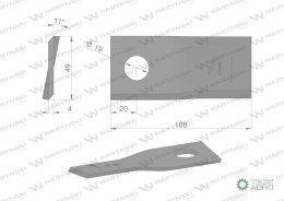 Nóż. nożyk kosiarka prawy 108x47x4mm otwór 19 zastosowanie 1434986 Pottinger WARYŃSKI ( sprzedawane po 25 )