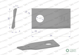 Nóż. nożyk kosiarka prawy 94x50x4mm otwór 19 zastosowanie 58031192 BCS WARYŃSKI ( sprzedawane po 25 )
