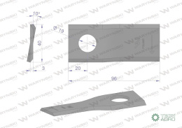 Nóż. nożyk kosiarka prawy 96x40x3mm otwór 19 zastosowanie 16502726 Deutz Fahr Kverneland WARYŃSKI ( sprzedawane po 25 )