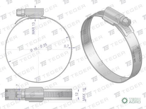 Opaska zaciskowa wzmocniona 16-25 ślimakowa (obejma W2 - stal nierdzewna) szerkość 12mm (blister) TEGER ( sprzedawane po Opaska zaciskowa wzmocniona 16-25 ślimakowa (obejma W2 - stal nierdzewna) szerkość 12mm (blister) TEGER ( sprzedawane po