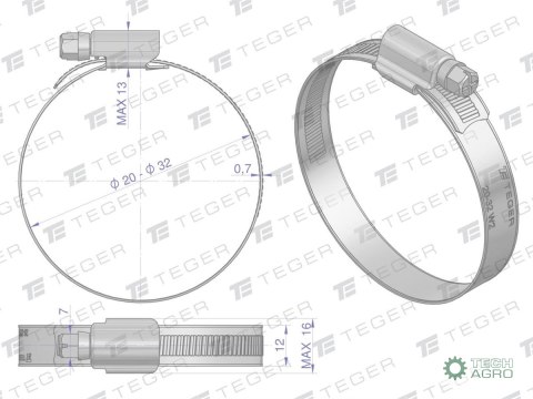 Opaska zaciskowa wzmocniona 20-32 ślimakowa (obejma W2 - stal nierdzewna) szerkość 12mm (blister) TEGER ( sprzedawane po Opaska zaciskowa wzmocniona 20-32 ślimakowa (obejma W2 - stal nierdzewna) szerkość 12mm (blister) TEGER ( sprzedawane po